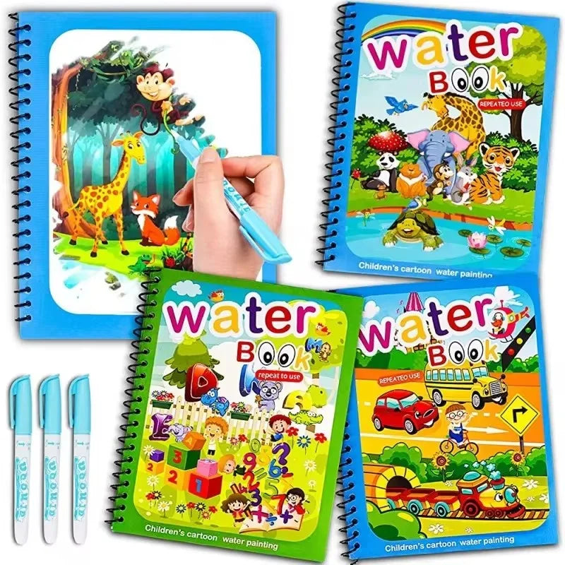 A set of reusable water painting books featuring children's cartoon characters and scenes.