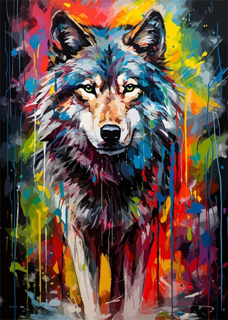 A vibrant, abstract watercolor painting of a wolf's head and chest.