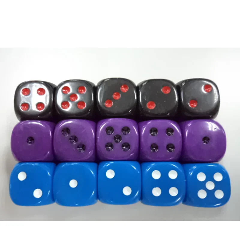 A set of ten colorful solid acrylic dice in various colors including black, purple, and blue.