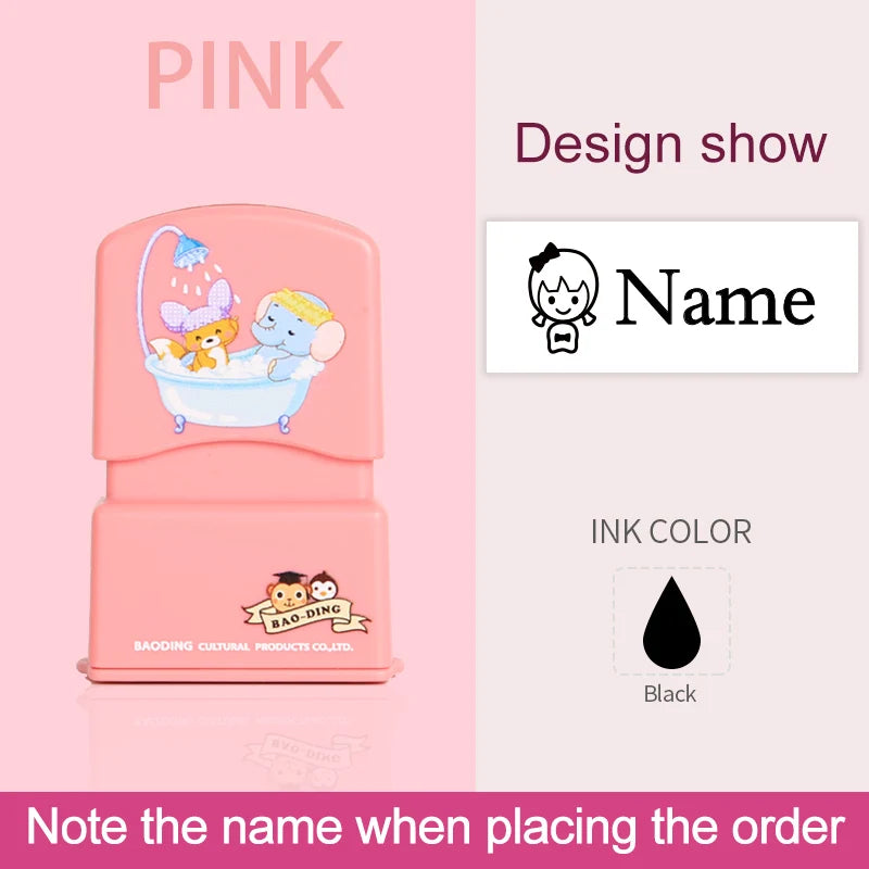 Pink waterproof labeling stamp featuring a bathtub design for custom kids names