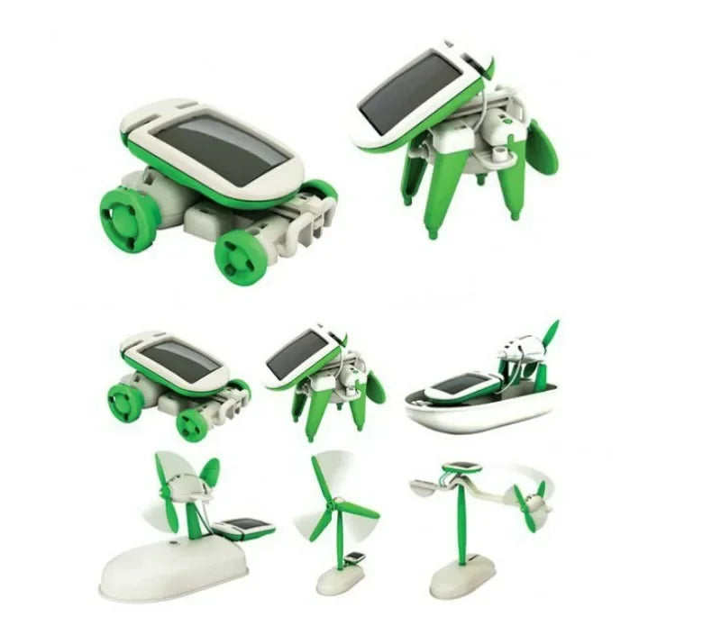 A set of six DIY solar robot kits for kids, including various green and white robotic vehicles.