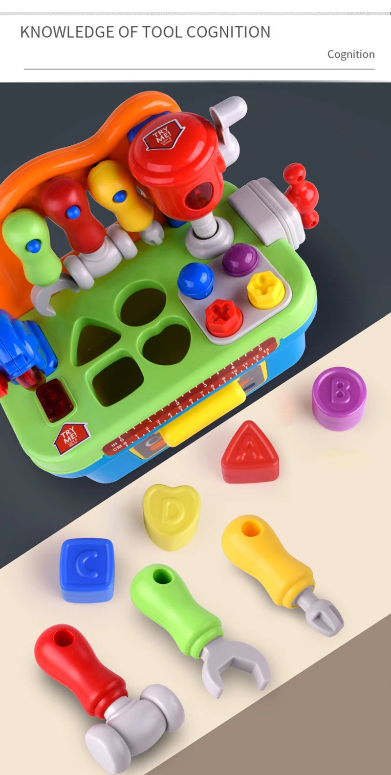 A bright green toy drill set with various colored tools and components, including a screwdriver and a measuring tape.