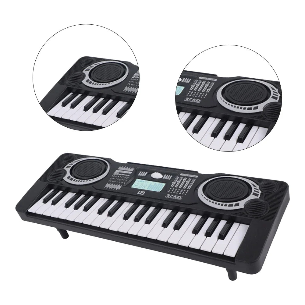A black 37-key electronic keyboard with a microphone shown in various views.