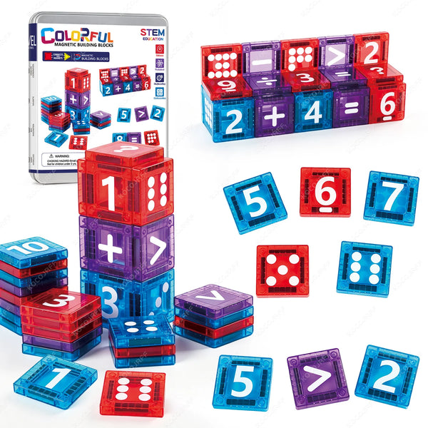 A collection of colorful magnetic building blocks in various shapes and colors including red, blue, purple, and green.