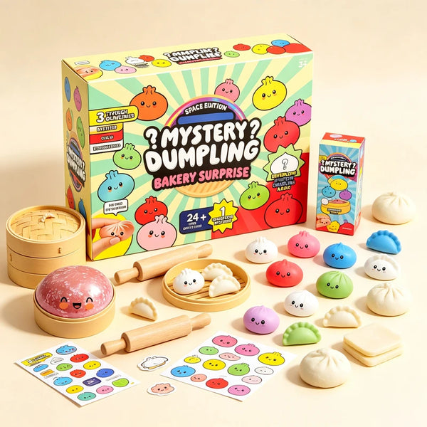 A box of Mystery Dumpling Bakery Surprise fidget toys and various dumpling squishies are displayed on a light background.