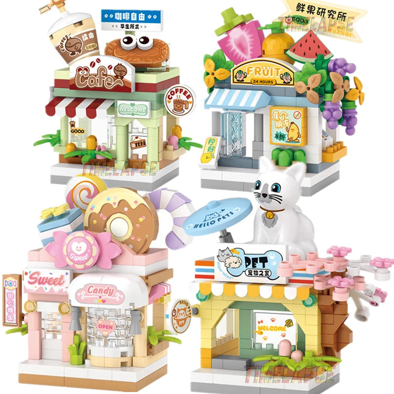 A set of mini city shop building blocks featuring various themed shops like a cafe, fruit stand, and candy store.