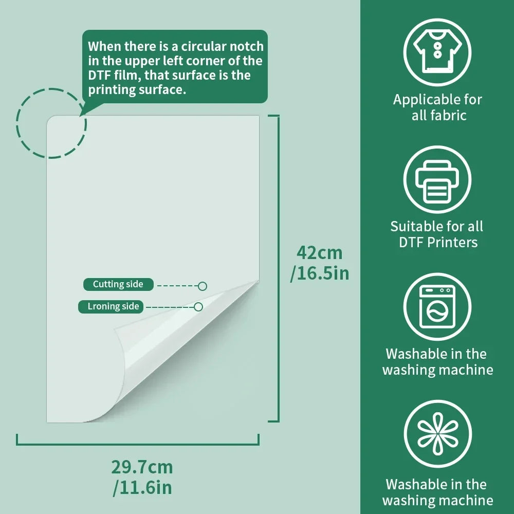 A sheet of white DTF transfer film showing cutting and ironing sides, with compatibility notes for fabric and printers.