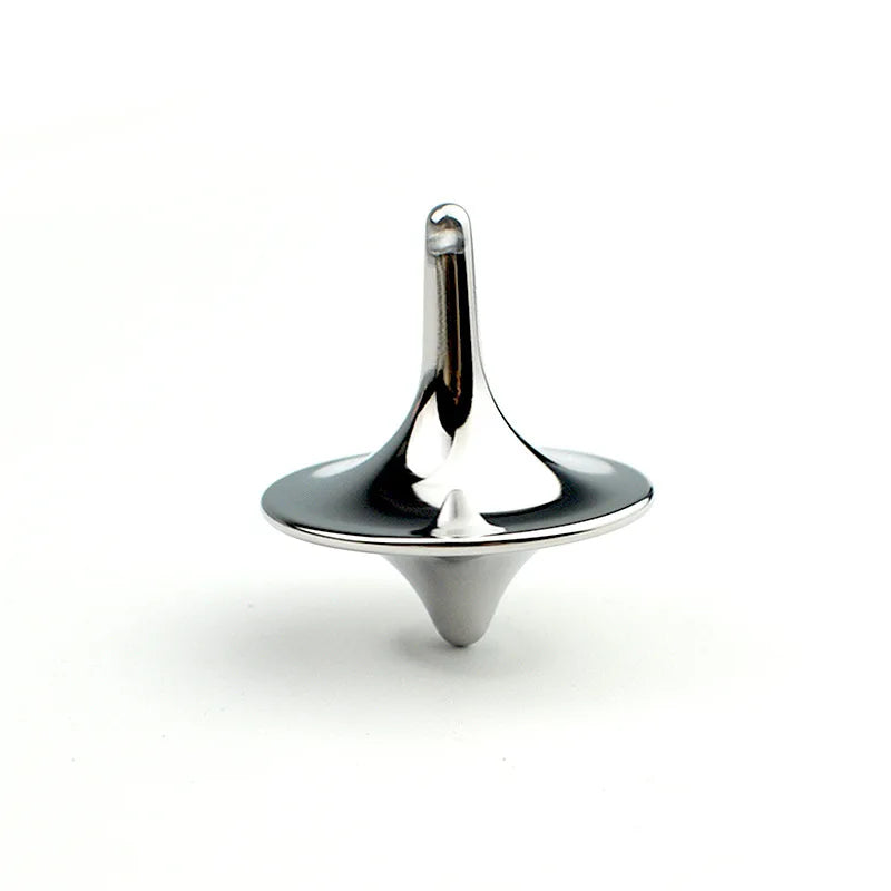 A silver metal fidget spinner with a smooth, conical design.