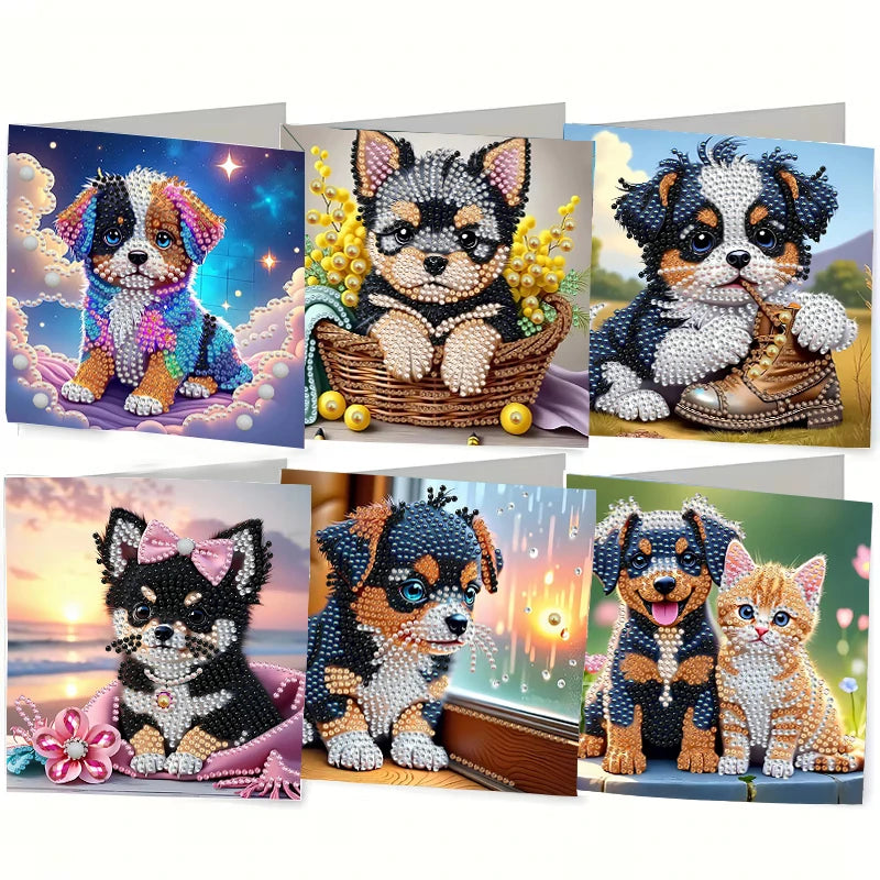 A set of diamond painting cards featuring cute dog and cat designs for birthday cards