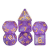 A set of seven glitter translucent purple polyhedral dice, including a d10, d12, d20, and d30.