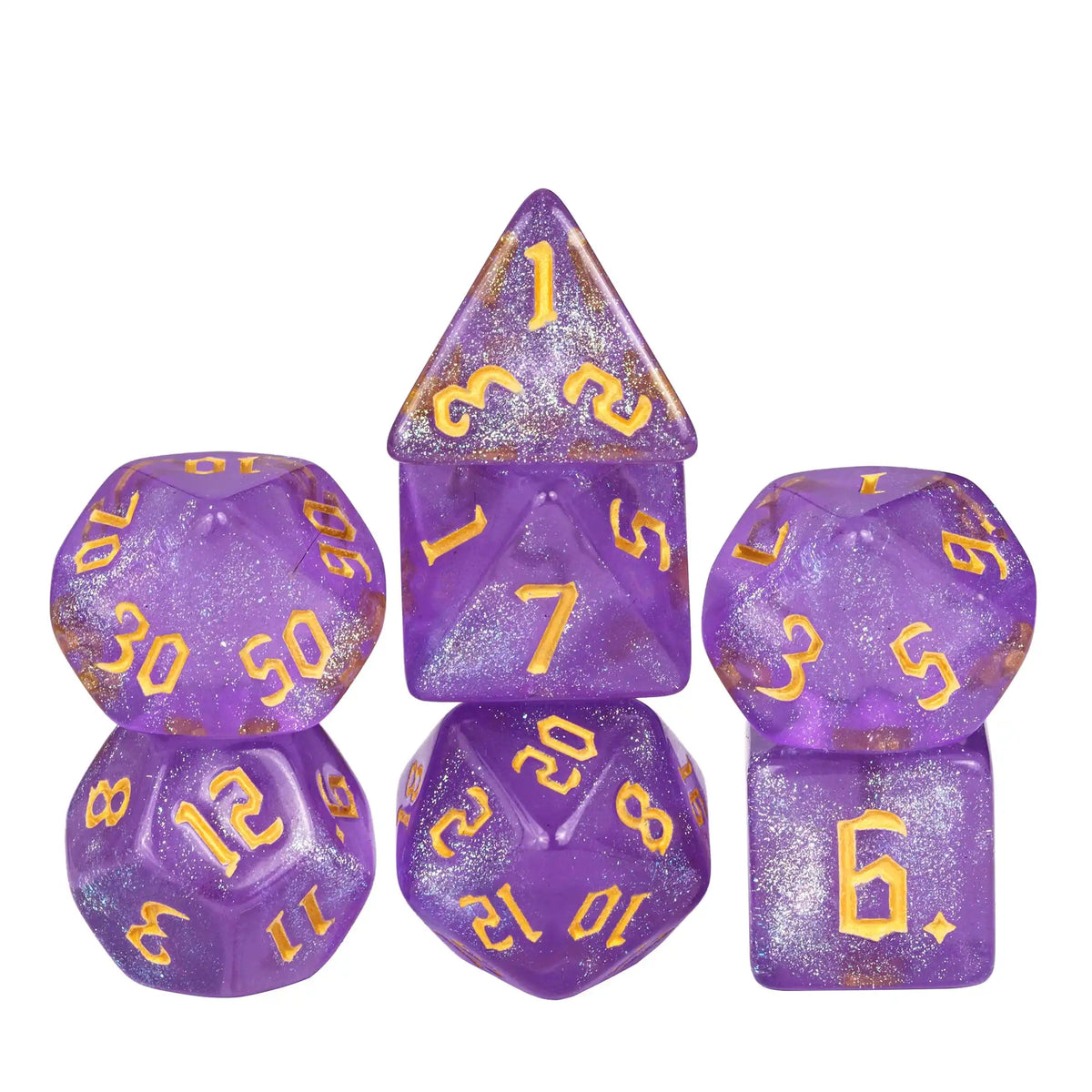 A set of seven glitter translucent purple polyhedral dice, including a d10, d12, d20, and d30.