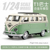 1/24 scale model of a vintage green metal bus, featuring pull-back action and detailed features.