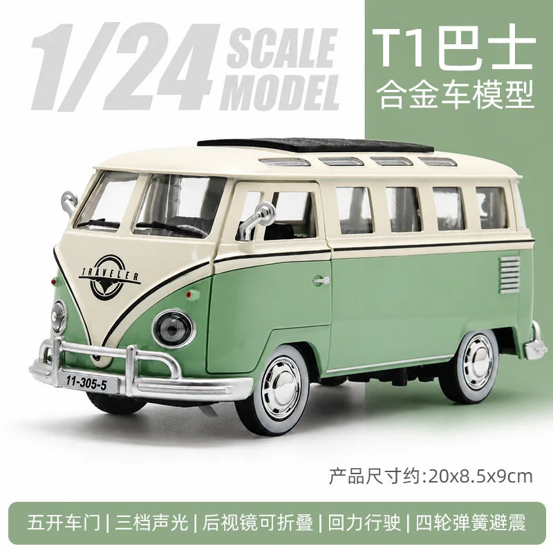 1/24 scale model of a vintage green metal bus, featuring pull-back action and detailed features.