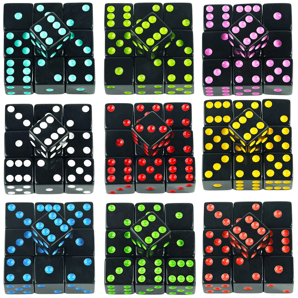A collection of 10 vibrant colored acrylic D6 dice in various arrangements for board games and RPGs