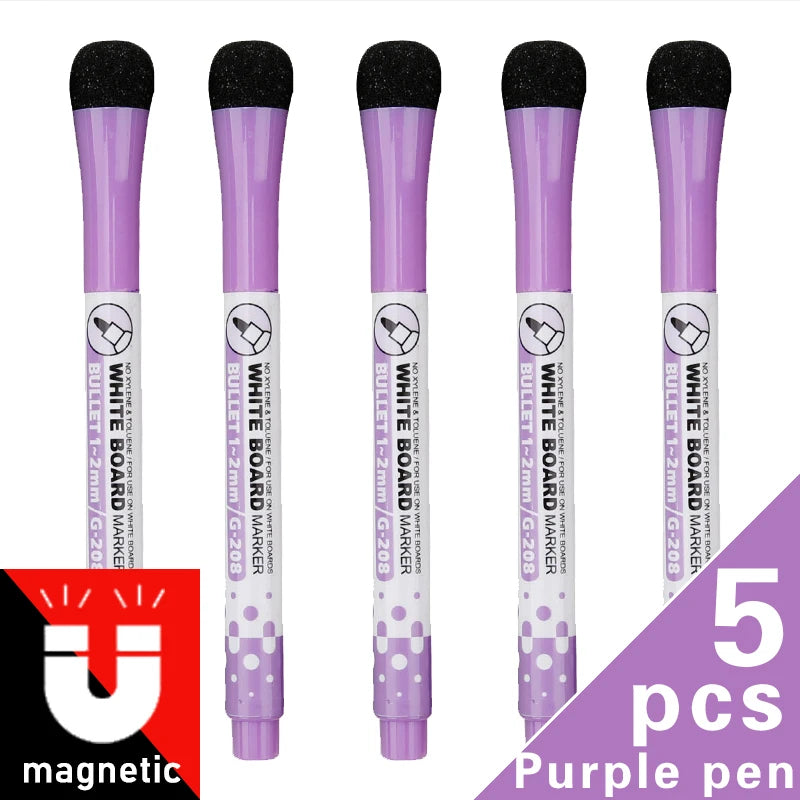 Five purple magnetic dry-erase whiteboard marker pens standing upright.