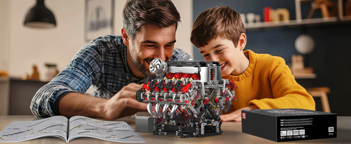 A man and a boy are assembling a detailed motorized V8 supercar engine building kit on a table.