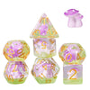 A set of polyhedral dice shaped like mushrooms in various colors and sizes for tabletop role-playing games