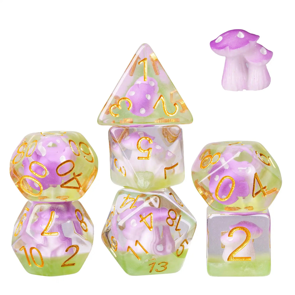 A set of polyhedral dice shaped like mushrooms in various colors and sizes for tabletop role-playing games