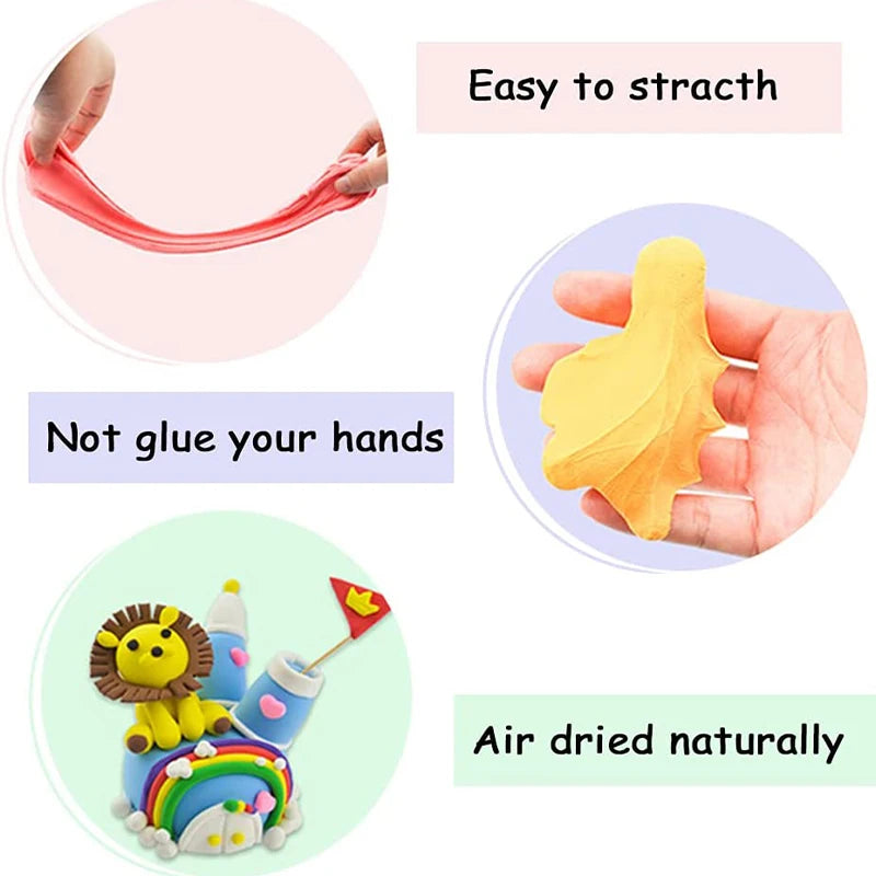 A set of air-dry modeling clay with tools, including a pink clay strand and a yellow clay piece, shown in various contexts.
