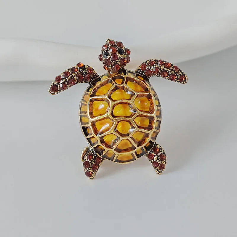 Gold-Plated Rhinestone Turtle Brooch Pin