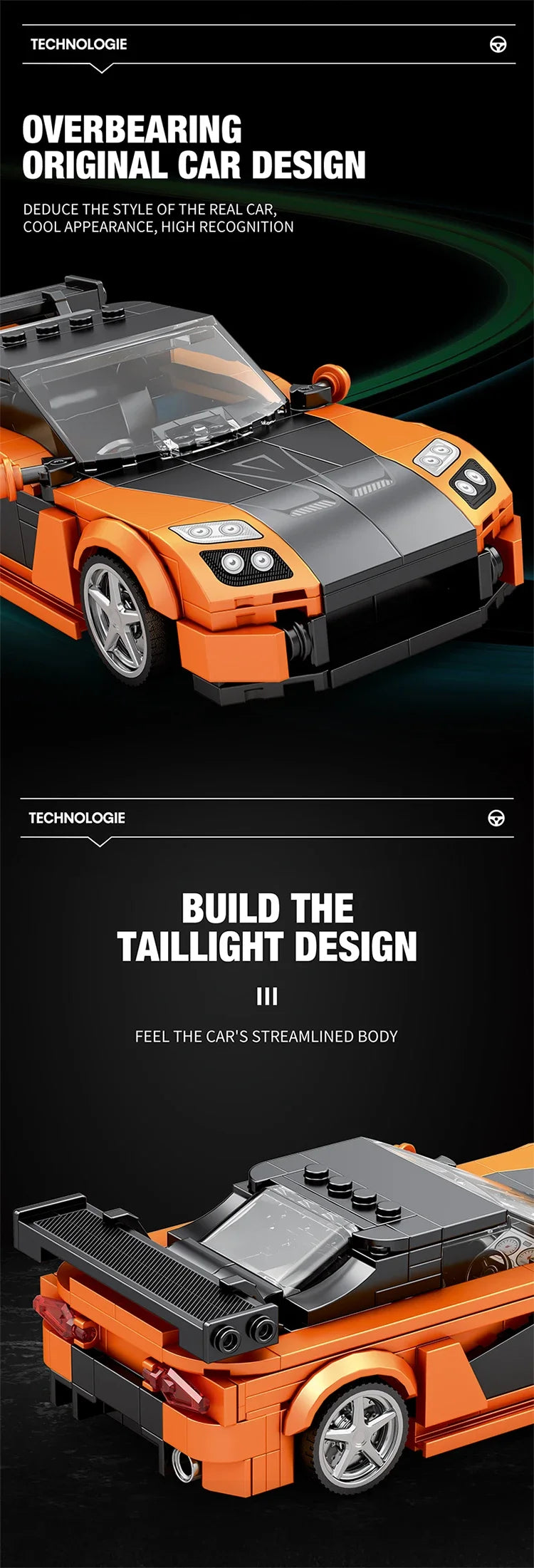 Orange and black building blocks depicting a car design with a taillight feature.
