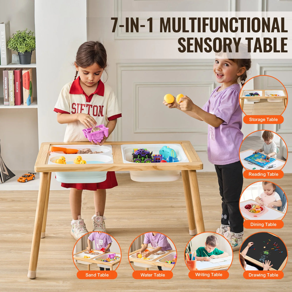 A 7-in-1 multifunctional sensory table for kids featuring sand, water, writing, and drawing activities.