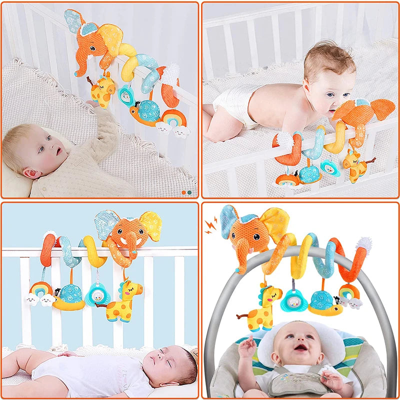 A set of spiral elephant sensory toys in orange, yellow, and blue for babies.
