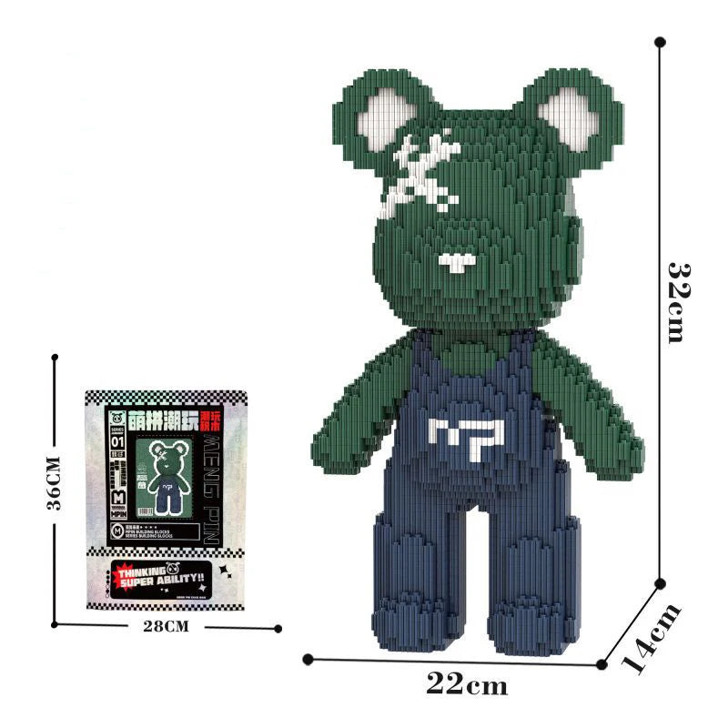 A green bear figure made of micro building blocks, standing upright with a white facial marking.