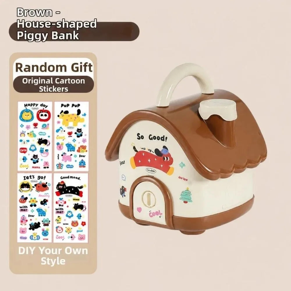 Brown house-shaped piggy bank with a lid and key, featuring various cartoon stickers.