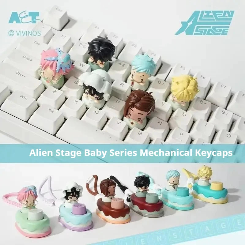 A collection of Alien Stage Baby Series mechanical keycaps featuring various baby figures in different colors and styles.