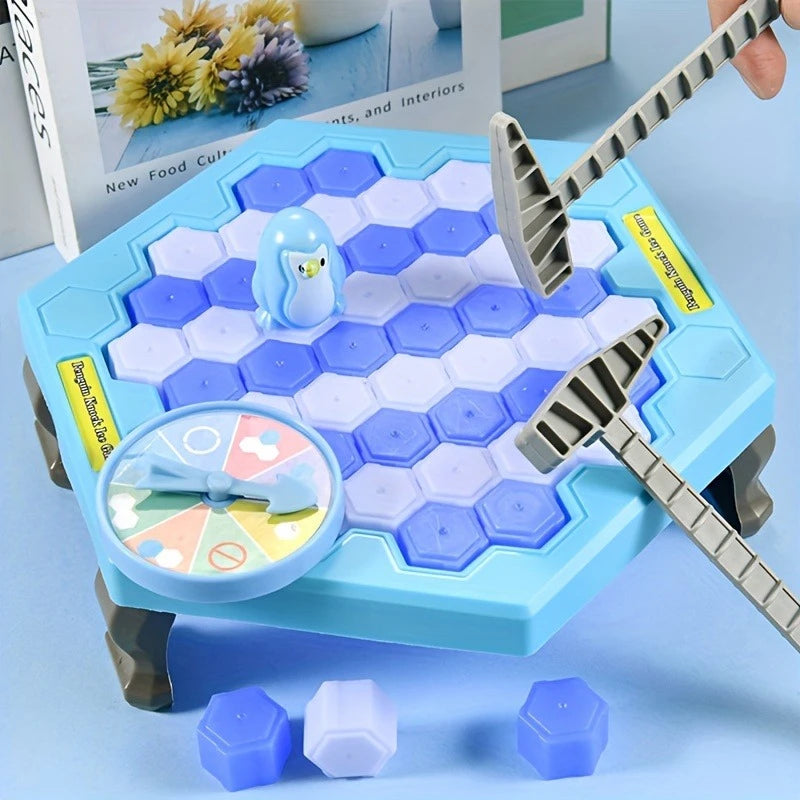 A blue hexagonal game board with purple and white pieces, including a penguin figure and tapping tools.