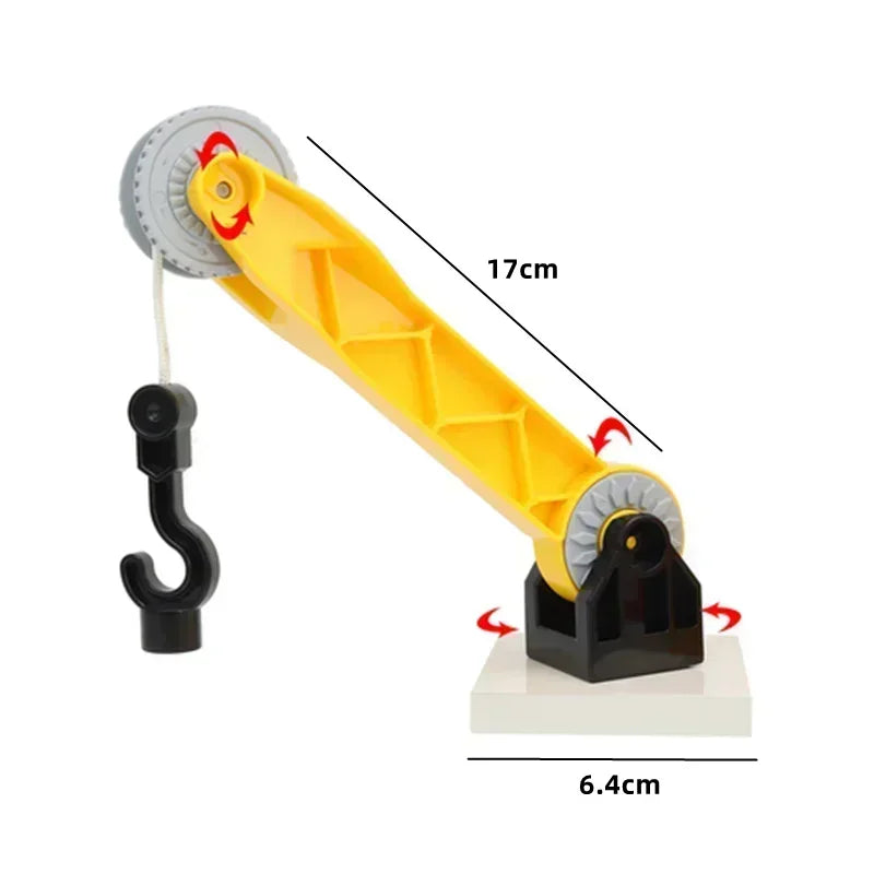 Yellow traffic vehicle building block set showing a truck or bus structure with a gray wheel and black hook.