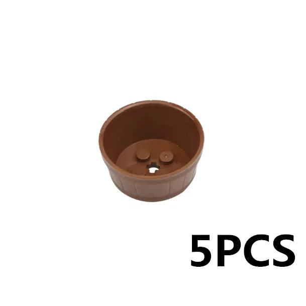 A small, brown, round building block treasure chest container with a lid.