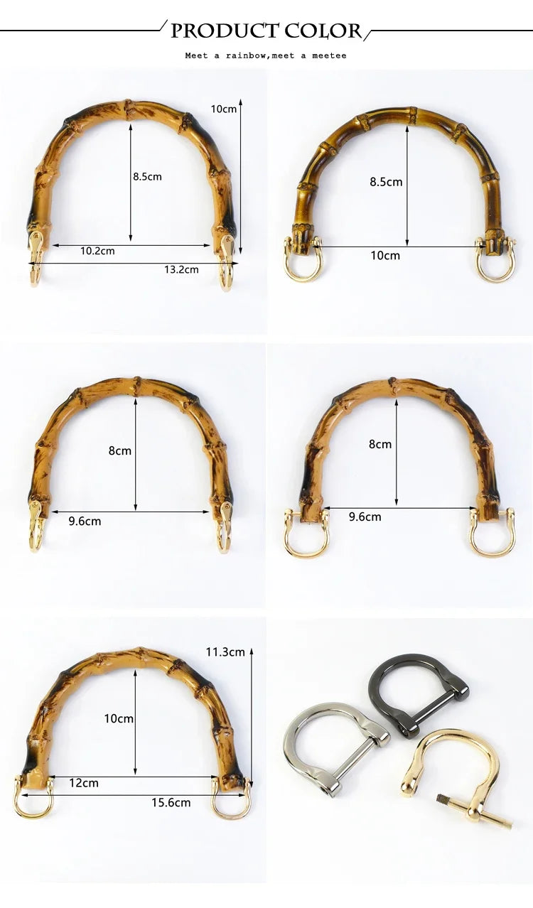 A set of bamboo-style bag handles in natural brown color showing various sizes and styles.