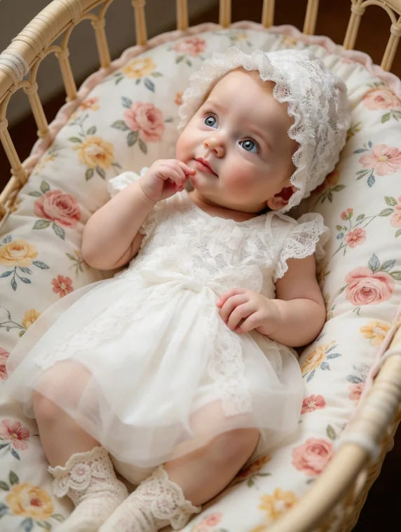 A newborn baby girl wearing a white lace tulle dress and hat, lying in a wicker bassinet.
