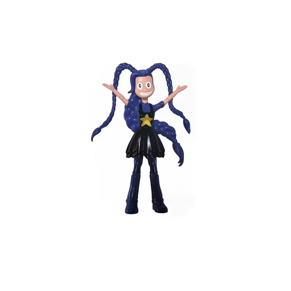 A collectible figure of Poppy Playtime with blue hair and a black dress, holding her arms out.