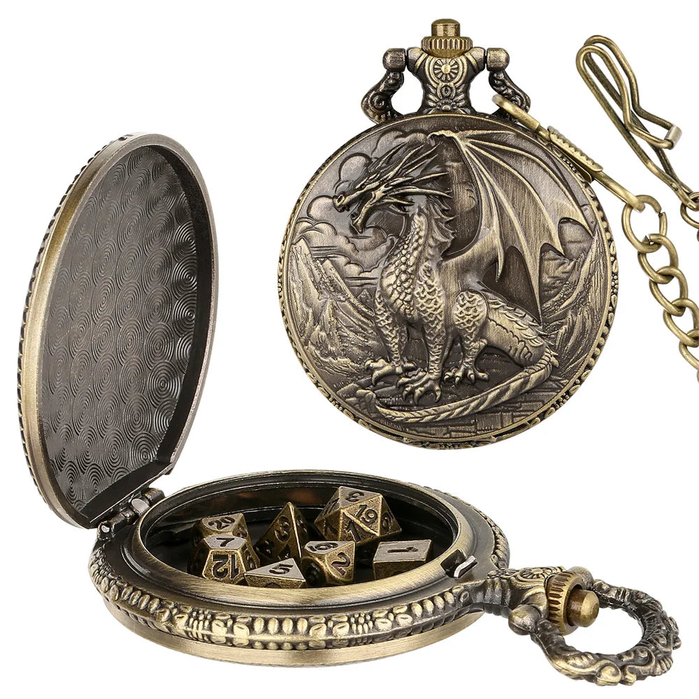 A brass steampunk dragon pocket watch dice case with a hinged lid and attached chain.