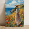 Oil painting of a woman in a straw hat standing in a field of wildflowers by the sea under a blue sky