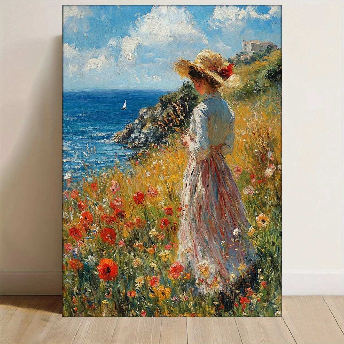 Oil painting of a woman in a straw hat standing in a field of wildflowers by the sea under a blue sky
