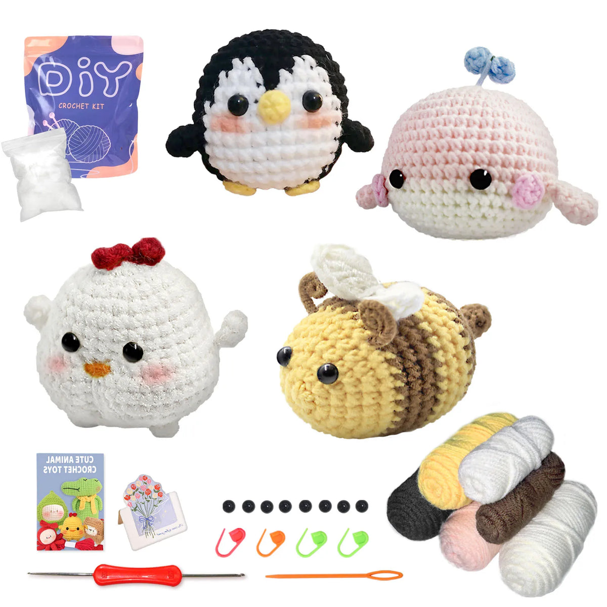 Beginner Crochet Kit – 4 Adorable Animal Projects (Whale, Chick, Penguin, Bee)
