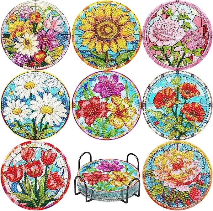 A set of floral diamond painting coasters featuring various colorful flowers and foliage with metal holders.