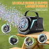 A black rechargeable bubble machine is shown with various bubble types like spin out and porous bubbling on a wooden surface.