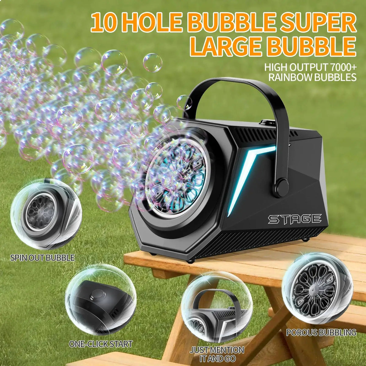 A black rechargeable bubble machine is shown with various bubble types like spin out and porous bubbling on a wooden surface.