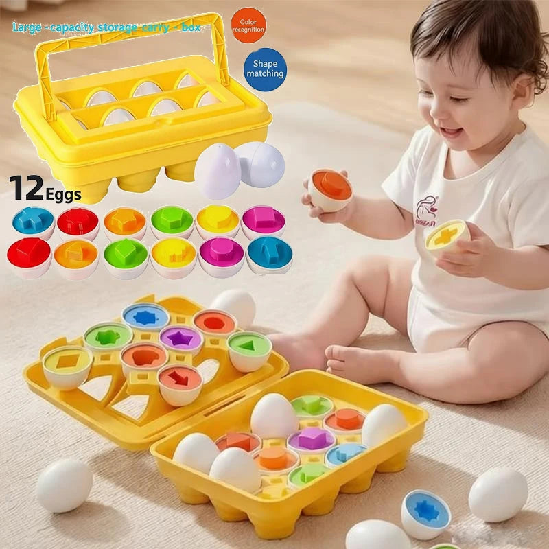 A child is playing with a yellow Montessori matching eggs toy set featuring various colored and shaped egg pieces.