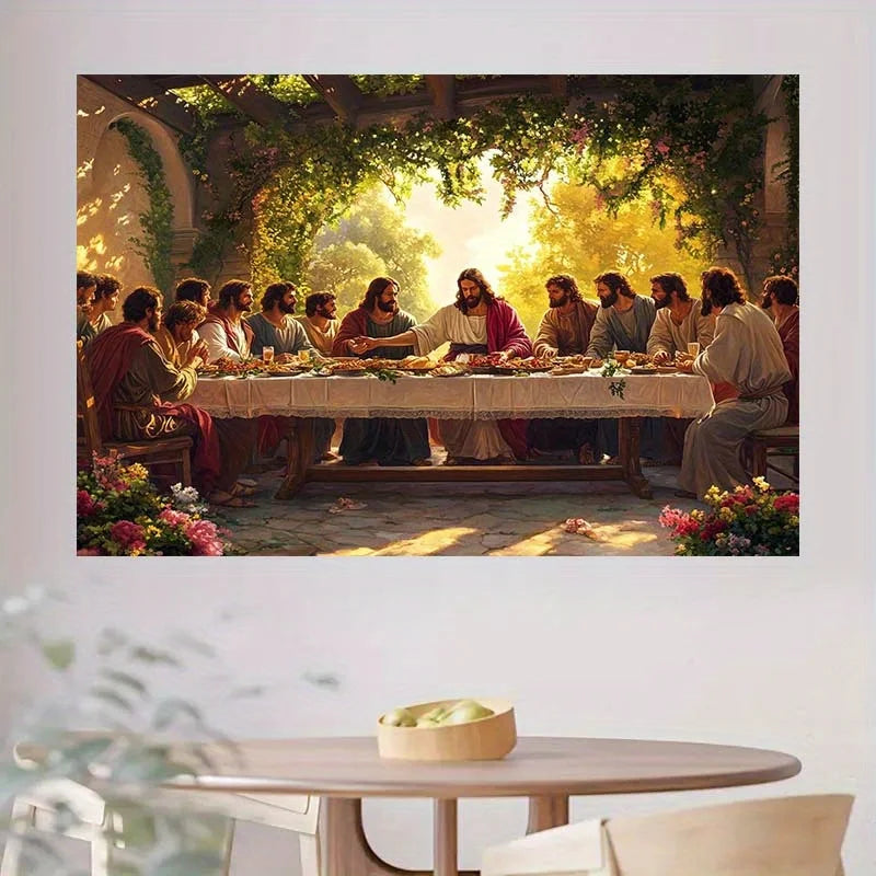 A painting depicting The Last Supper, showing Jesus and his disciples gathered around a table in a garden setting.