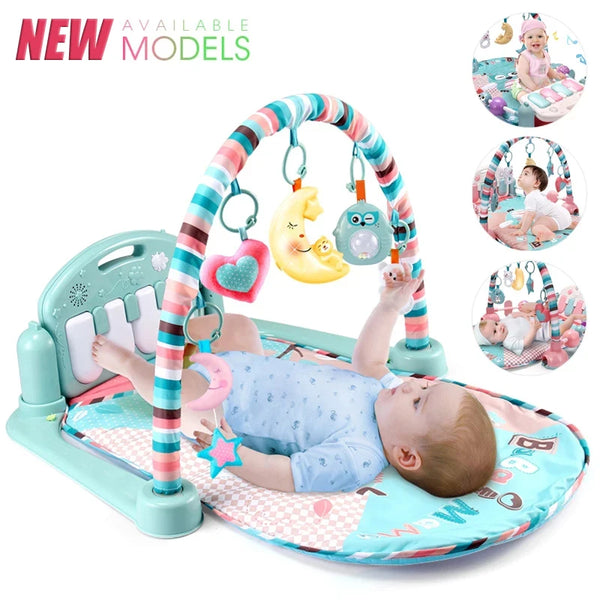 A baby is playing on an interactive fitness arch and mat with various toys.