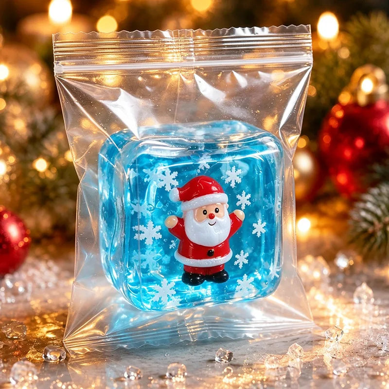 A clear plastic squeeze fidget cube inside a sealed bag featuring festive holiday figures like Santa and a snowman.