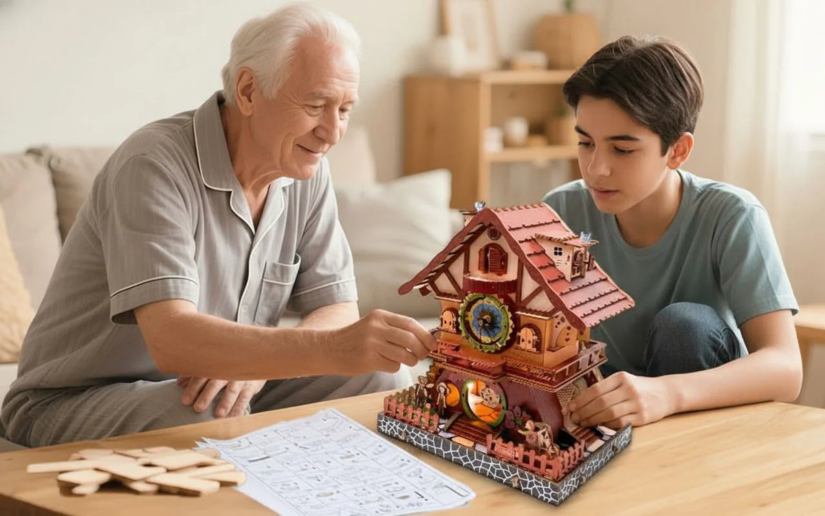 An elderly man and a young man are assembling a wooden cuckoo clock puzzle kit on a table.