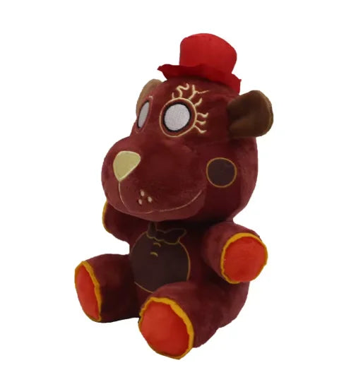 A plush toy of the character Bonnie from Five Nights at Freddy's featuring reddish-brown fur and a red hat.