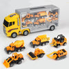 A die-cast construction truck set featuring a yellow truck and multiple dump trucks inside a clear transporter box.